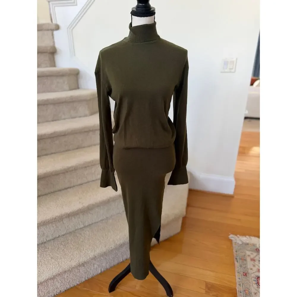 SER.O.YA Olive Green Diana Turtleneck High Slit Blouson Sweater Dress